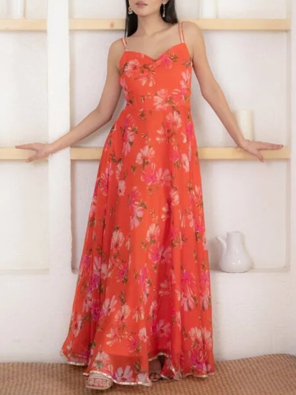 Saras The Label Brand NWT Women's Medium Orange Floral Printed Maxi Dress